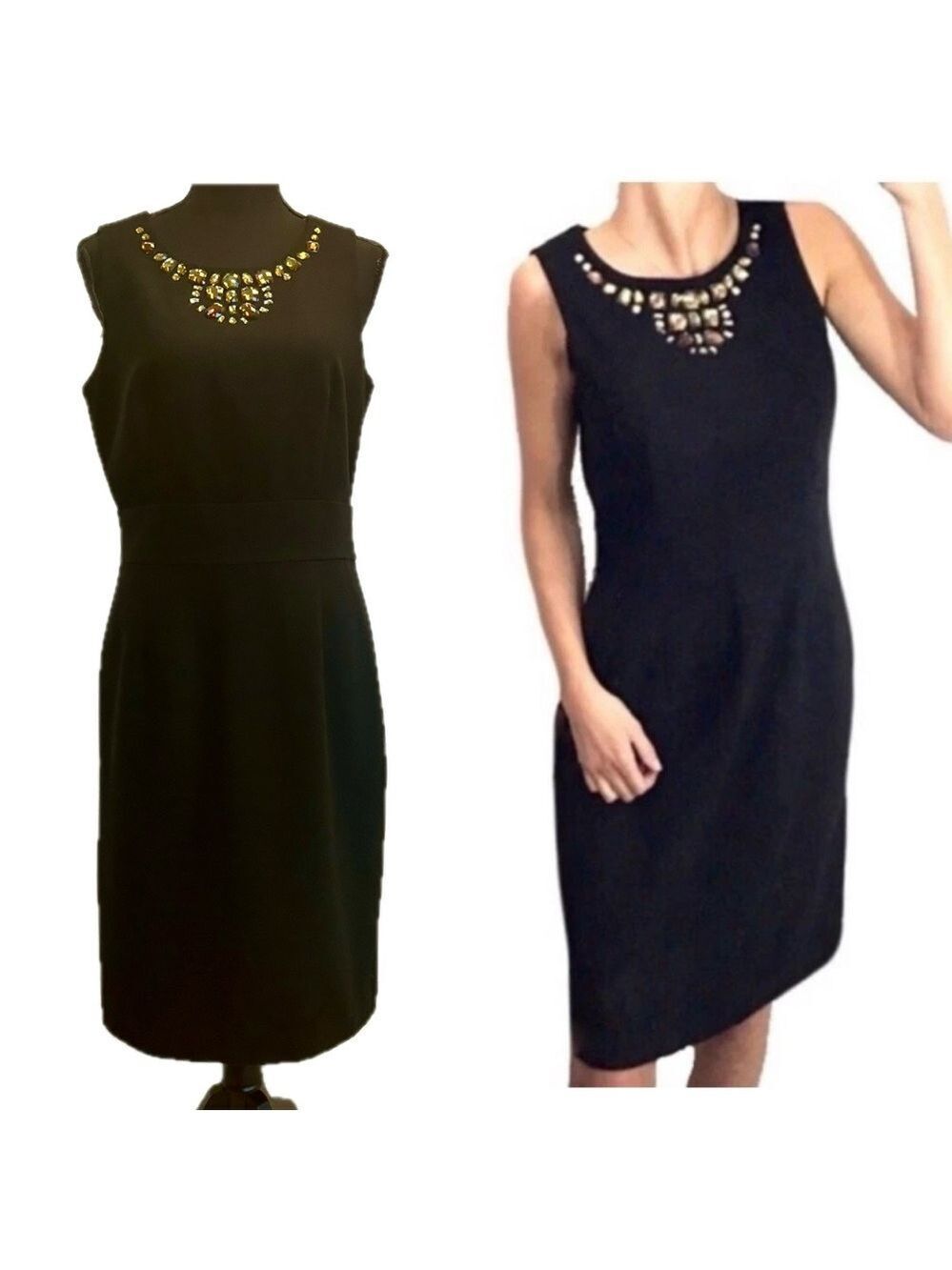 Banana Republic black wool blend gem jewelled beaded neckline sheath dress Sz 8
